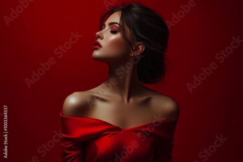 A woman in a glamorous red off-shoulder dress posing gracefully against a striking deep red background during an elegant evening event