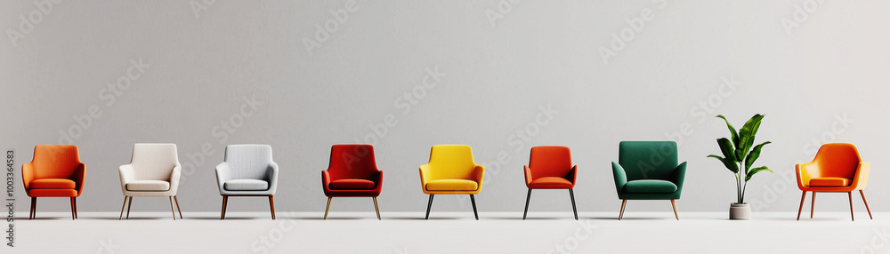 Colorful chairs in a modern setting with a plant, white isolate background.