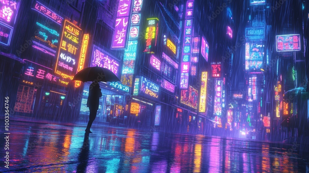 Fototapeta premium A lone figure with an umbrella stands in a neon-lit rainy city street.