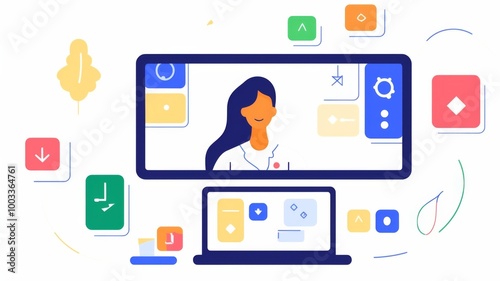 a laptop screen displaying an online doctor's profile with medical icons. 