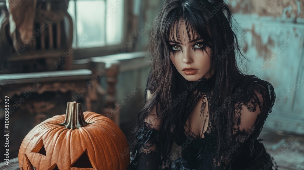 Dark Gothic Halloween Aesthetic with Pumpkins and Mysterious Girl Dark Gothic Halloween Aesthetic with Pumpkins and Mysterious Girl