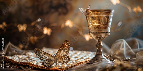 Embellished Matzah and Decorative Wine Goblet with Butterfly Designs on Seder Table Cover photo