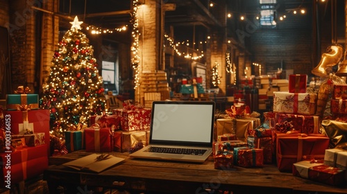 A festive workspace in a warehouse surrounded by Christmas gifts and decorations showcasing a blank laptop screen