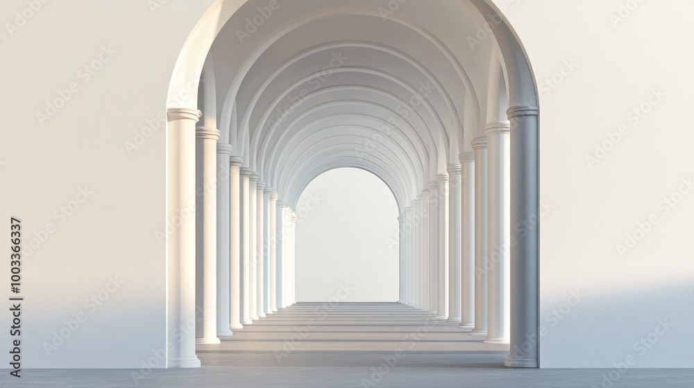 White Arched Colonnade Leading to a Bright Open Space White Arched Colonnade Leading to a Bright Open Space