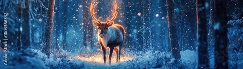 An enchanting reindeer stands amidst a snowy forest, illuminated by a soft, magical glow, creating a winter wonderland scene.