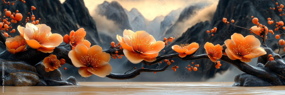 Peach blossoms in full bloom against a misty mountain backdrop. Peach blossoms in full bloom against a misty mountain backdrop.
