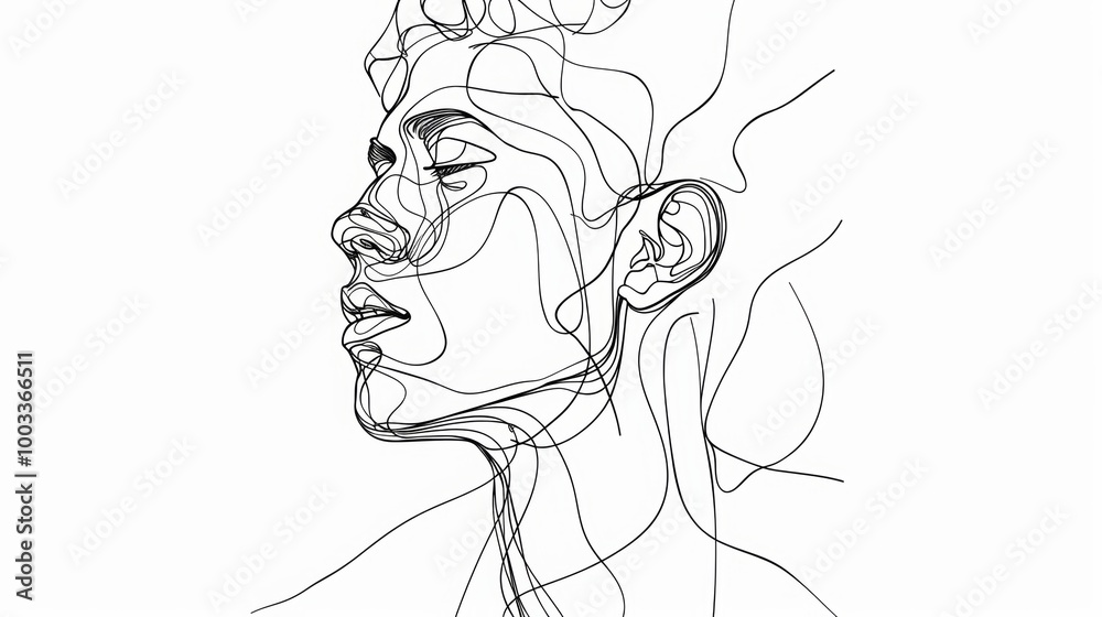 Fototapeta premium Monochrome Line Drawing of Abstract Face Conveying Thoughtful Emotion and Concept