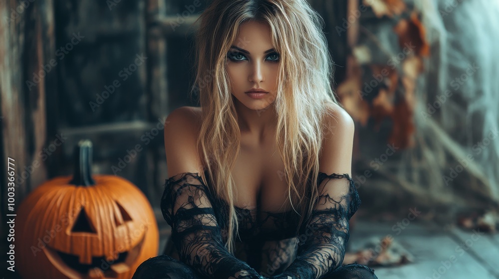 Fototapeta premium Dark Gothic Halloween Aesthetic with Pumpkins and Mysterious Girl