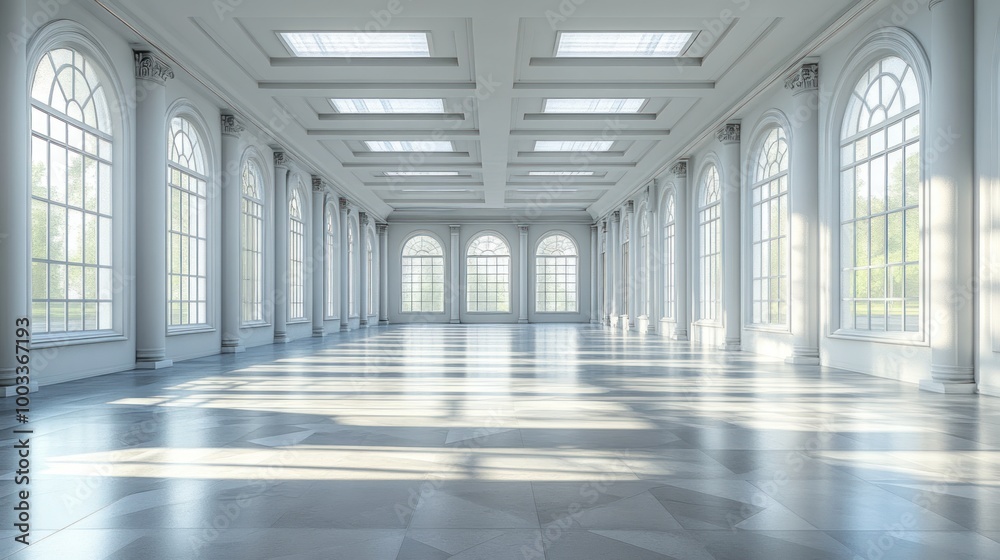 Empty White Hallway with Large Windows Empty White Hallway with Large Windows