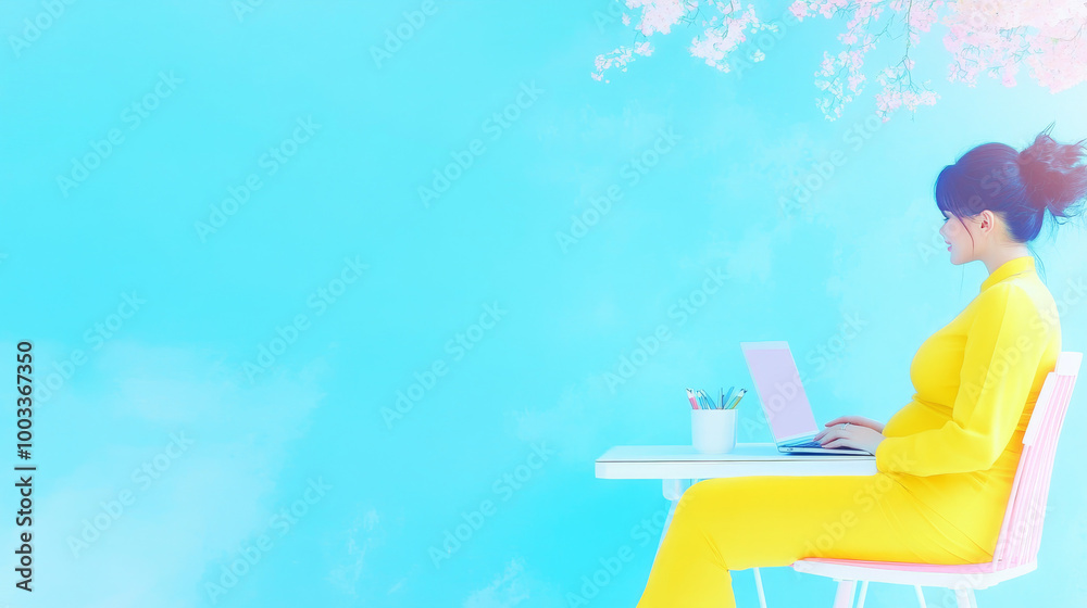 Woman in yellow dress working on laptop. Woman in yellow dress working on laptop.