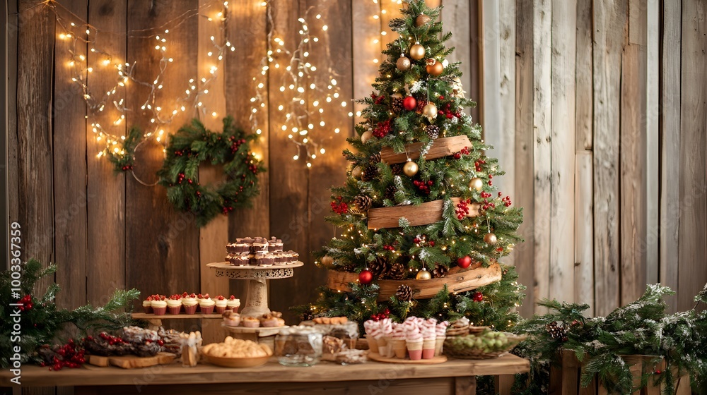 Fototapeta premium A charming rustic Christmas backdrop with warm colors, showcasing a decorated tree made of reclaimed wood and adorned with natural elements like pinecones and berries. The setting includes wooden 