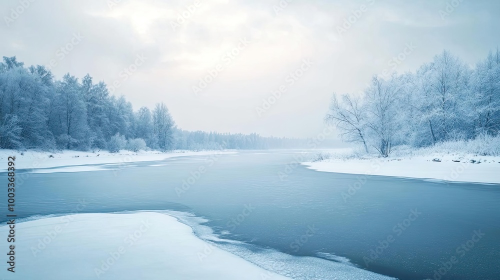 Serene winter landscape featuring a tranquil river surrounded by frosted trees and soft, cloudy skies. Serene winter landscape featuring a tranquil river surrounded by frosted trees and soft, cloudy skies.