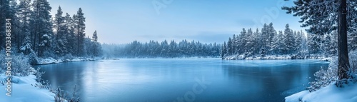 Serene winter landscape featuring a tranquil lake surrounded by snow-covered trees and a misty blue atmosphere.