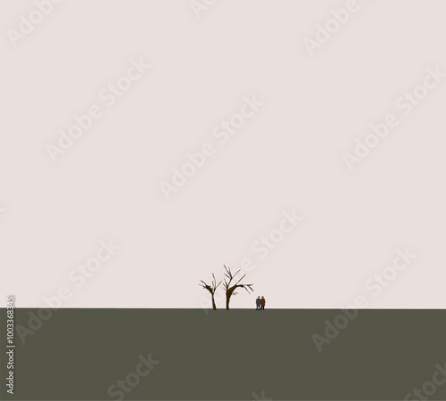 Men standing in dry land with brown tree. Landscape of the forest. Relaxation in nature. Minimal art design.