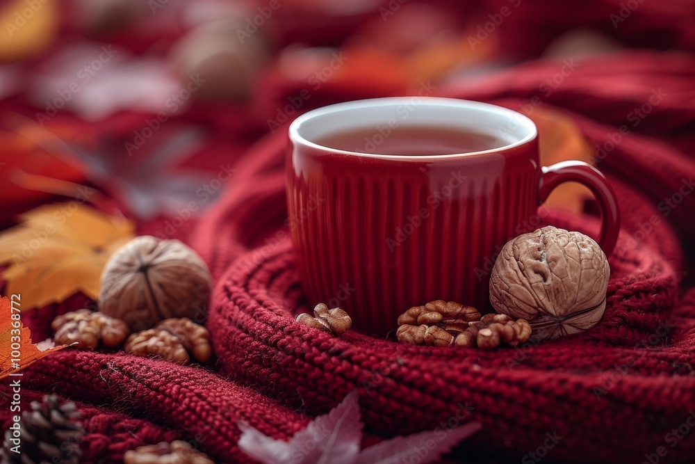 Cozy autumn vibes tea mug wrapped in scarf amidst maple leaves and walnuts for fall enjoyment Cozy autumn vibes tea mug wrapped in scarf amidst maple leaves and walnuts for fall enjoyment