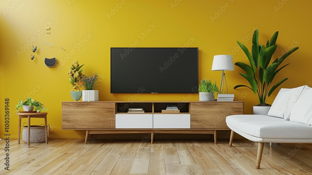 Modern Living Room with Yellow Wall, Flat Screen TV, and Wooden Furniture Modern Living Room with Yellow Wall, Flat Screen TV, and Wooden Furniture