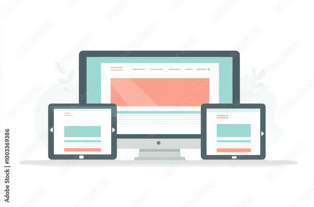 multiple devices showcasing website design, featuring a computer screen with an empty page in blue and red tones, a tablet with a well-organized layout of text blocks and images multiple devices showcasing website design, featuring a computer screen with an empty page in blue and red tones, a tablet with a well-organized layout of text blocks and images