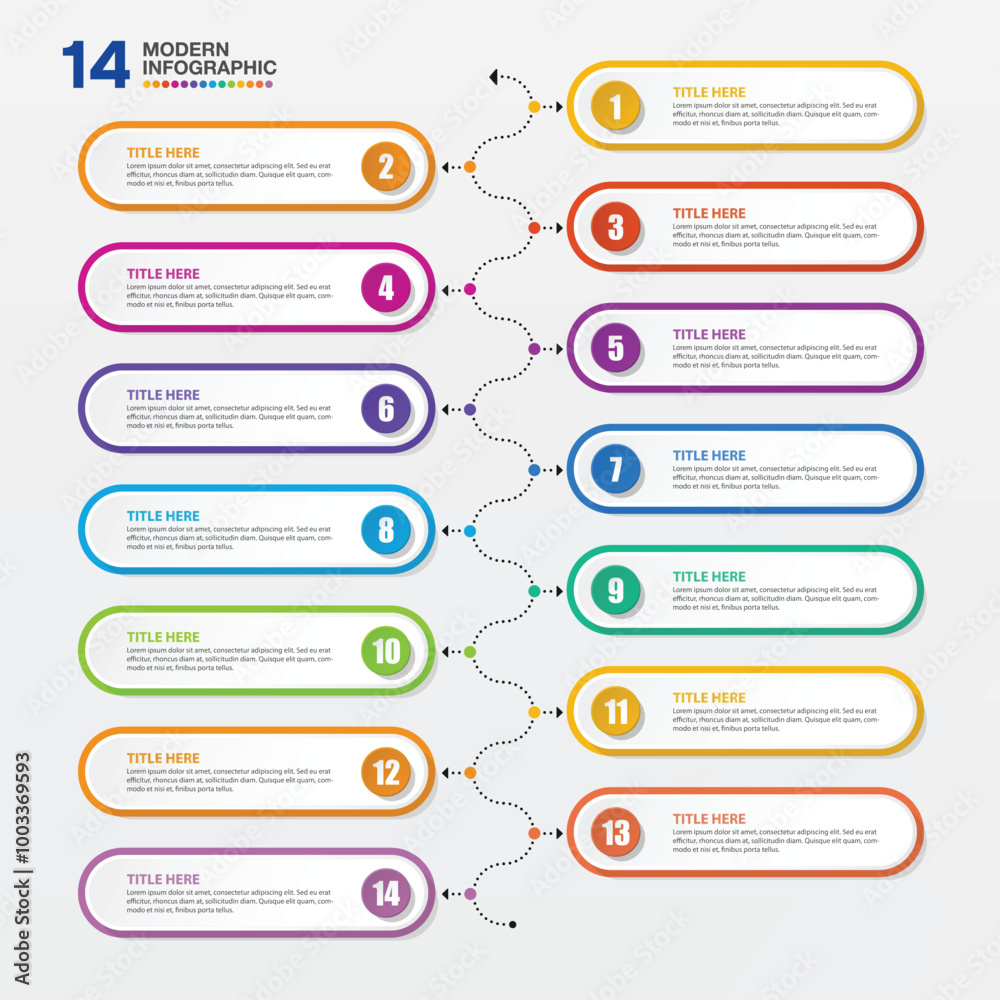 Modern infographic with 14 steps and business icons for presentation.