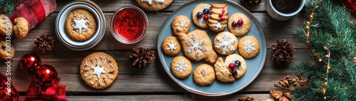 A cozy array of festive cookies, beautifully arranged on a wooden table, perfect for holiday celebrations and gatherings.
