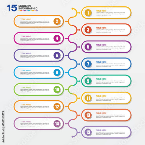 Modern infographic with 15 steps and business icons for presentation.