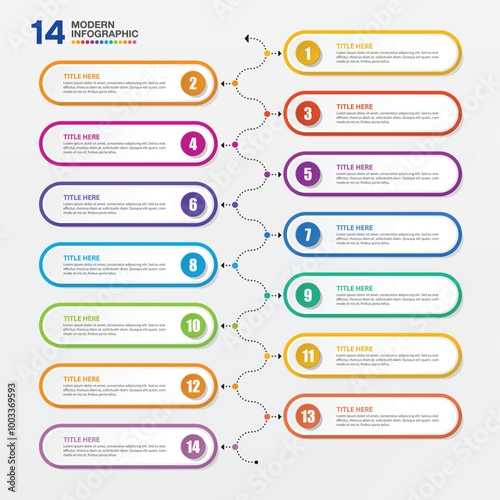 Modern infographic with 14 steps and business icons for presentation.