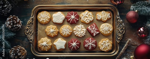 A festive platter of decorated cookies, perfect for holiday celebrations with a cozy, winter-themed backdrop.