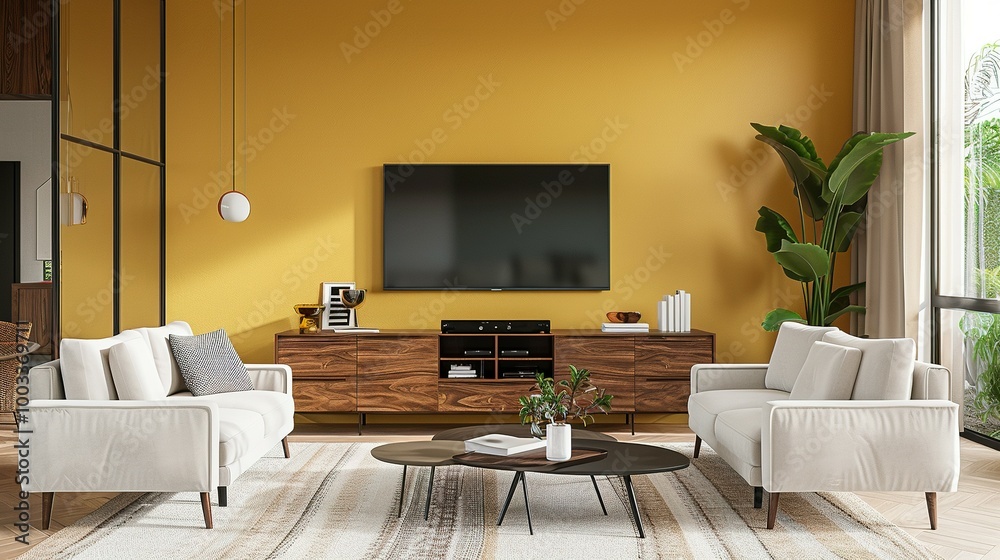 Modern Living Room Interior with White Couches and a Yellow Wall Modern Living Room Interior with White Couches and a Yellow Wall