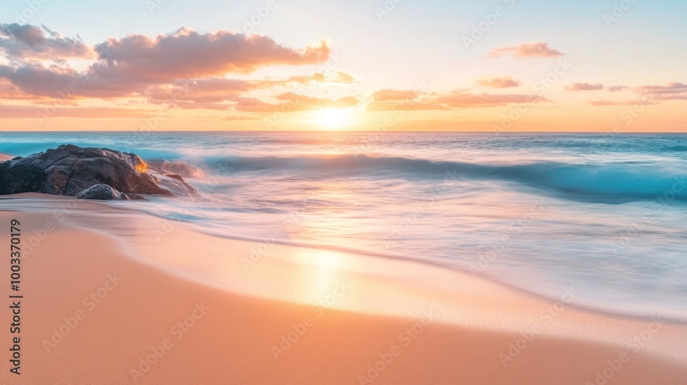 Serene beach scene at sunset with gentle waves and soft sand. Serene beach scene at sunset with gentle waves and soft sand.
