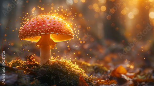 The image of a fragile forest mushroom and its cap that appears to be glowing and sparkling conveys both fragility and beauty.