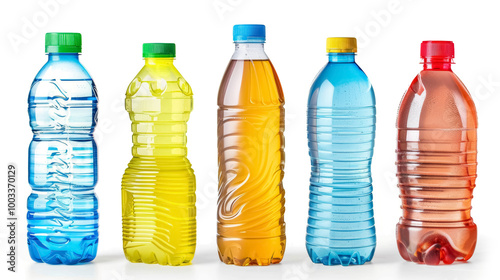 assorted colorful plastic bottles of water and soft drinks isolated on transparent background

