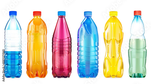 colorful plastic bottles in a row for recycling and environmental concept isolated on transparent background