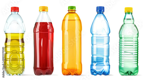 colorful plastic bottles with different liquids isolated on transparent background