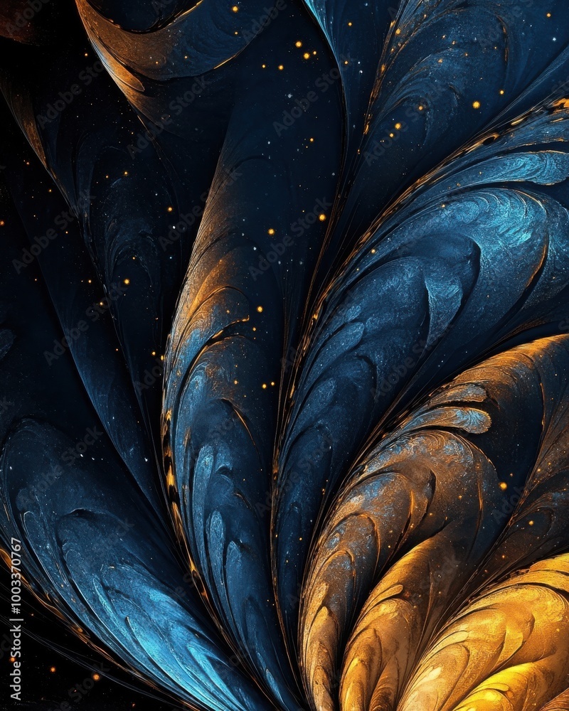 Obraz premium Abstract Swirls of Blue and Gold Paint with Glittering Specks