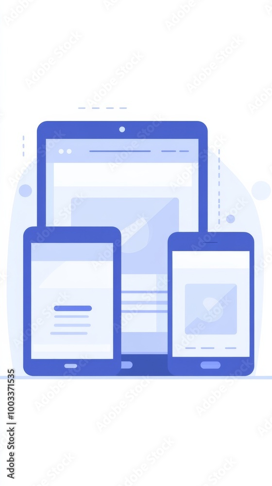 Vector flat illustration of a responsive web design featuring a blue color theme on a white solid background. This design showcases the simplicity and effectiveness of modern digital layouts Vector flat illustration of a responsive web design featuring a blue color theme on a white solid background. This design showcases the simplicity and effectiveness of modern digital layouts