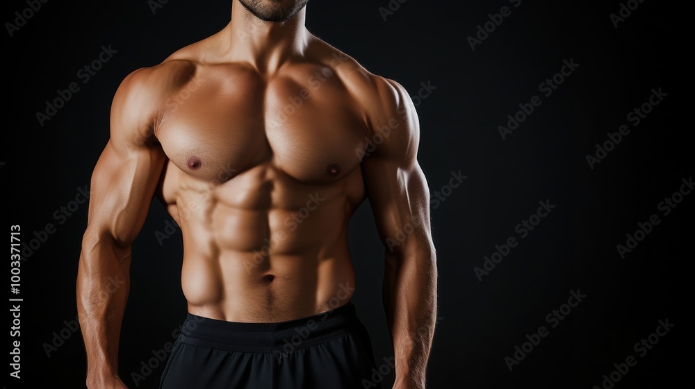 Muscular Man in Black Shorts, Fitness Athlete, Bodybuilding Muscular Man in Black Shorts, Fitness Athlete, Bodybuilding