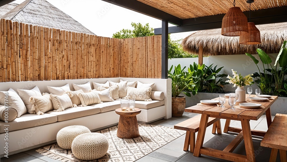 Fototapeta premium stylish and modern outdoor lounge area with a bohemian aesthetic