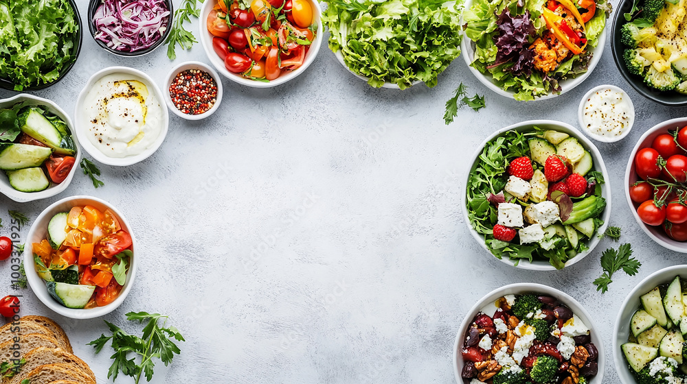 Assortment of healthy food dishes top view copy space with gray background Assortment of healthy food dishes top view copy space with gray background