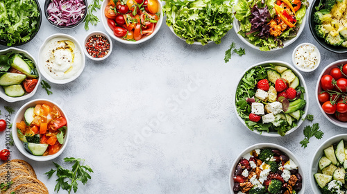 Assortment of healthy food dishes top view copy space with gray background