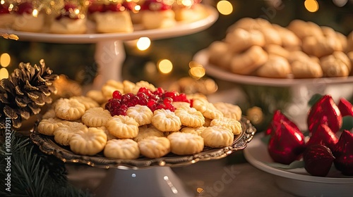 A festive arrangement of colorful cookies on elegant plates, perfect for celebrating holidays with family and friends.