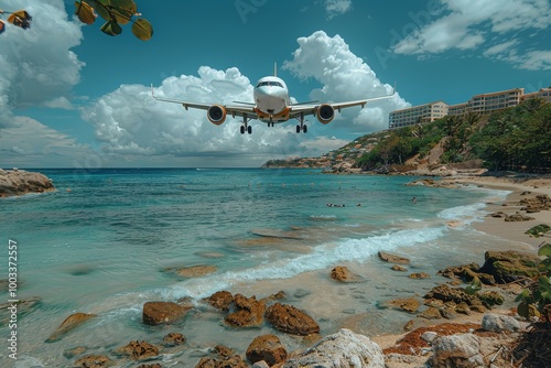Fototapeta Naklejka Na Ścianę i Meble -  Spectacular views of low flying airplanes landing near maho beach in stmaarten, caribbean