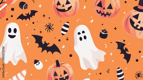 Flat lay Vector Illustration Halloween party elements with orange background, Happy Halloween 
