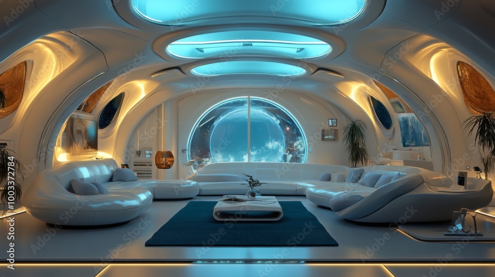 Futuristic living room with a view of Earth from a window. Futuristic living room with a view of Earth from a window.