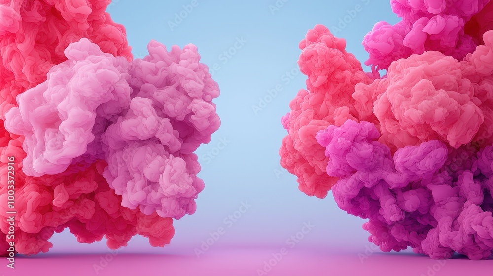 Fototapeta premium Pink and Purple Ink Explosions on Blue Background Abstract Smoke Art