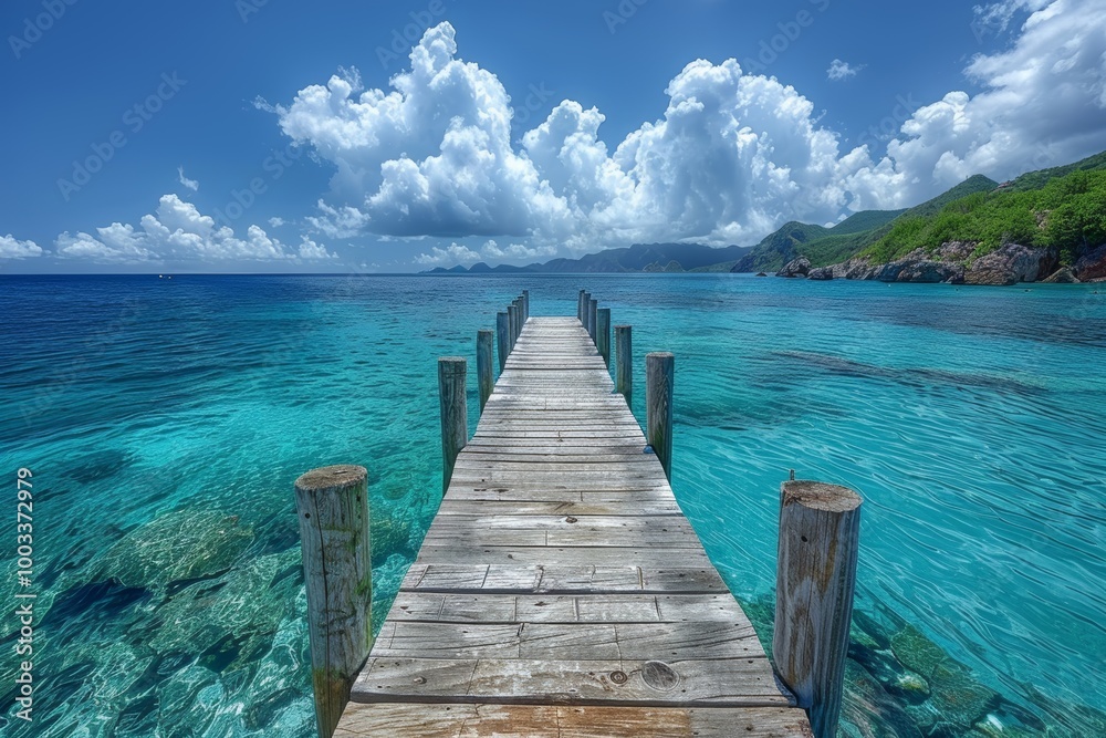 Fototapeta premium Picturesque pier by turquoise sea and blue sky in philipsburg, sint maarten for wanderlust seekers