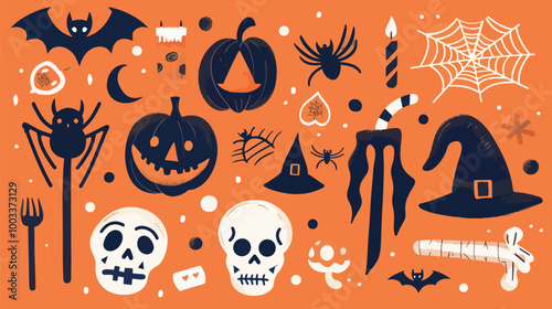 Flat lay Vector Illustration Halloween party elements with orange background, Happy Halloween 