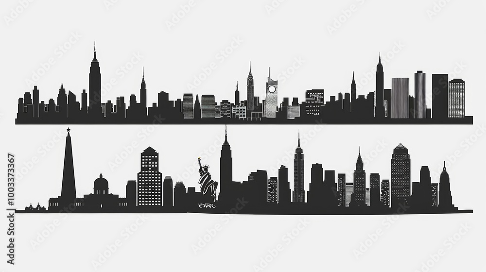 Naklejka premium Stunning Cityscape Skyline with Iconic Skyscrapers and Glass High Rise Buildings in the Financial District at Night