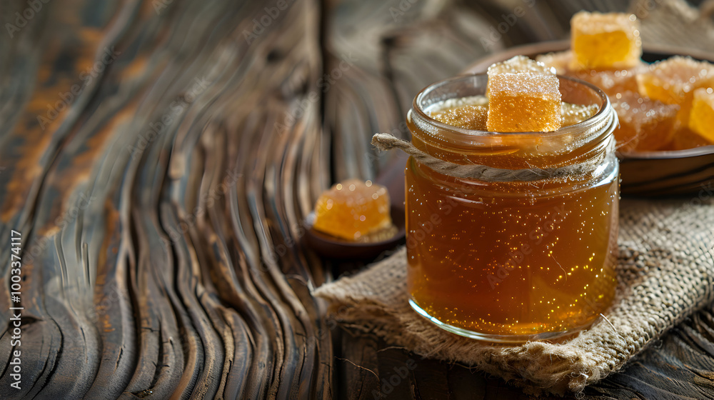 Delicious homemade caramel spread in a jar with sugar cubes and sweet ingredients on rustic wooden table Delicious homemade caramel spread in a jar with sugar cubes and sweet ingredients on rustic wooden table