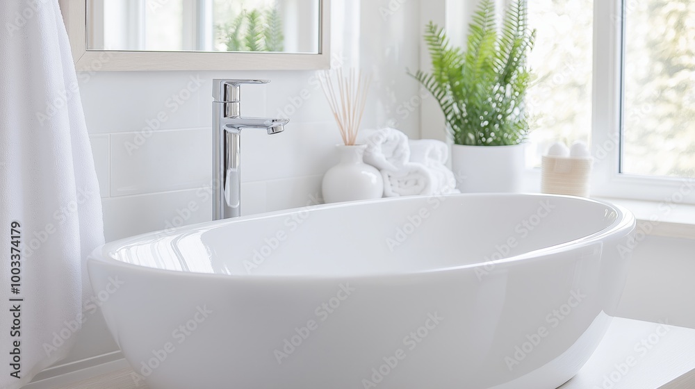 A gleaming bathroom sink with chrome faucet and running water creating a tranquil atmosphere by the sunlit window in a modern home A gleaming bathroom sink with chrome faucet and running water creating a tranquil atmosphere by the sunlit window in a modern home