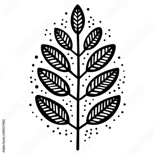Minimalist Leaf Branch. Black and White Botanical Illustration. Zen Nature Design