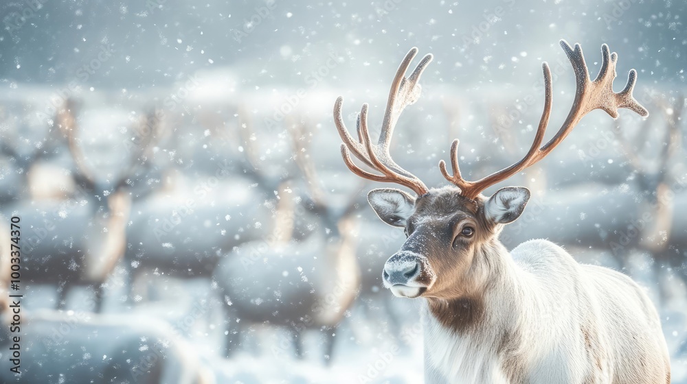 A majestic reindeer stands out amid a snowy landscape, creating a serene winter scene filled with soft snowfall. A majestic reindeer stands out amid a snowy landscape, creating a serene winter scene filled with soft snowfall.